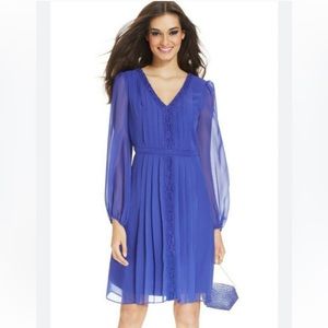 Jessica Simpson ~ Blue Chiffon Lace Trim Pleated V-Neck Party Dress 10 NEW